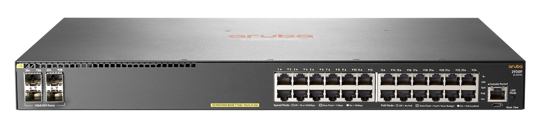 Aruba 2930F 24G PoE+ 4SFP Swch [24 ports 10/100/1000 PoE+ 4 ports SFP, L3, Fully Managed]