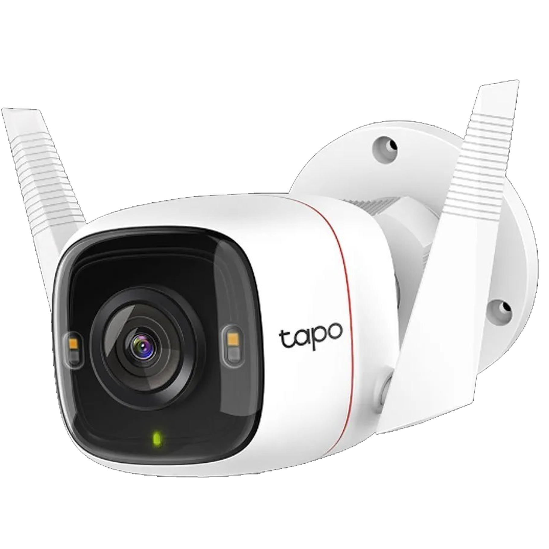 Outdoor Security Wi-Fi Camera SPEC: 2K (2560x1440), 2.4 GHz, 2T2R, 2 × External Antennas, 1 × Ethernet Port FEATURE: Motion Detection and Notifications, Sound Alarm, Starlight Night Vision (Up to 30 m), Color Night Vision, Remote Control, Two-Way Audio, Voice Control (Works with Google Assistant and Alexa), Local Storage through microSD Card (Up to 256 GB), Tapo App, Weatherproof (IP66), Frustration-Free Setup (FFS)