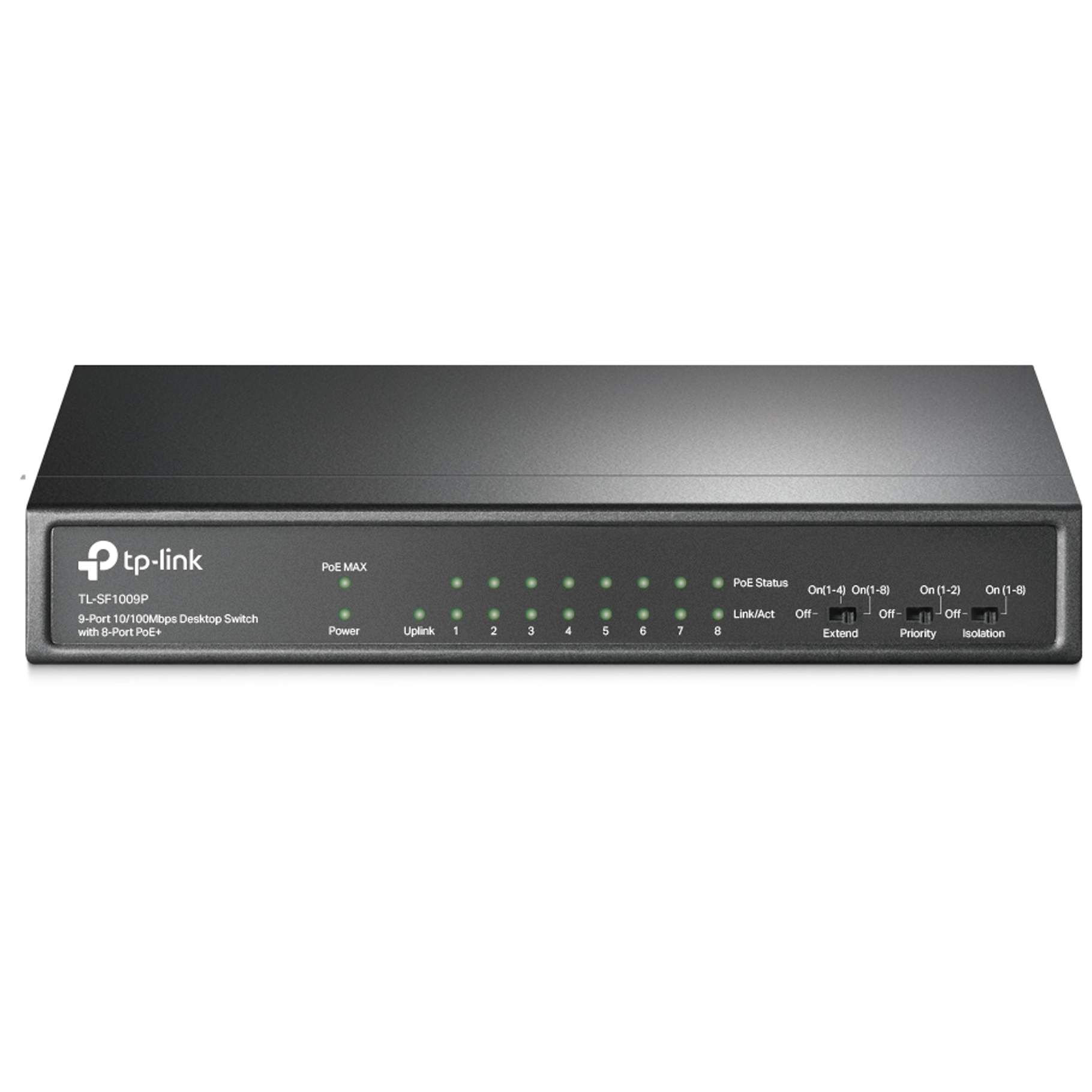 Tplink 9-Port 10/100 Mbps Desktop Switch with 8-Port PoE+ PORT: 8× 10/100 Mbps PoE+ Ports, 1× 10/100 Mbps Non-PoE Ports SPEC: 802.3at/af, 65 W PoE Power, Desktop Steel Case FEATURE: Plug and Play