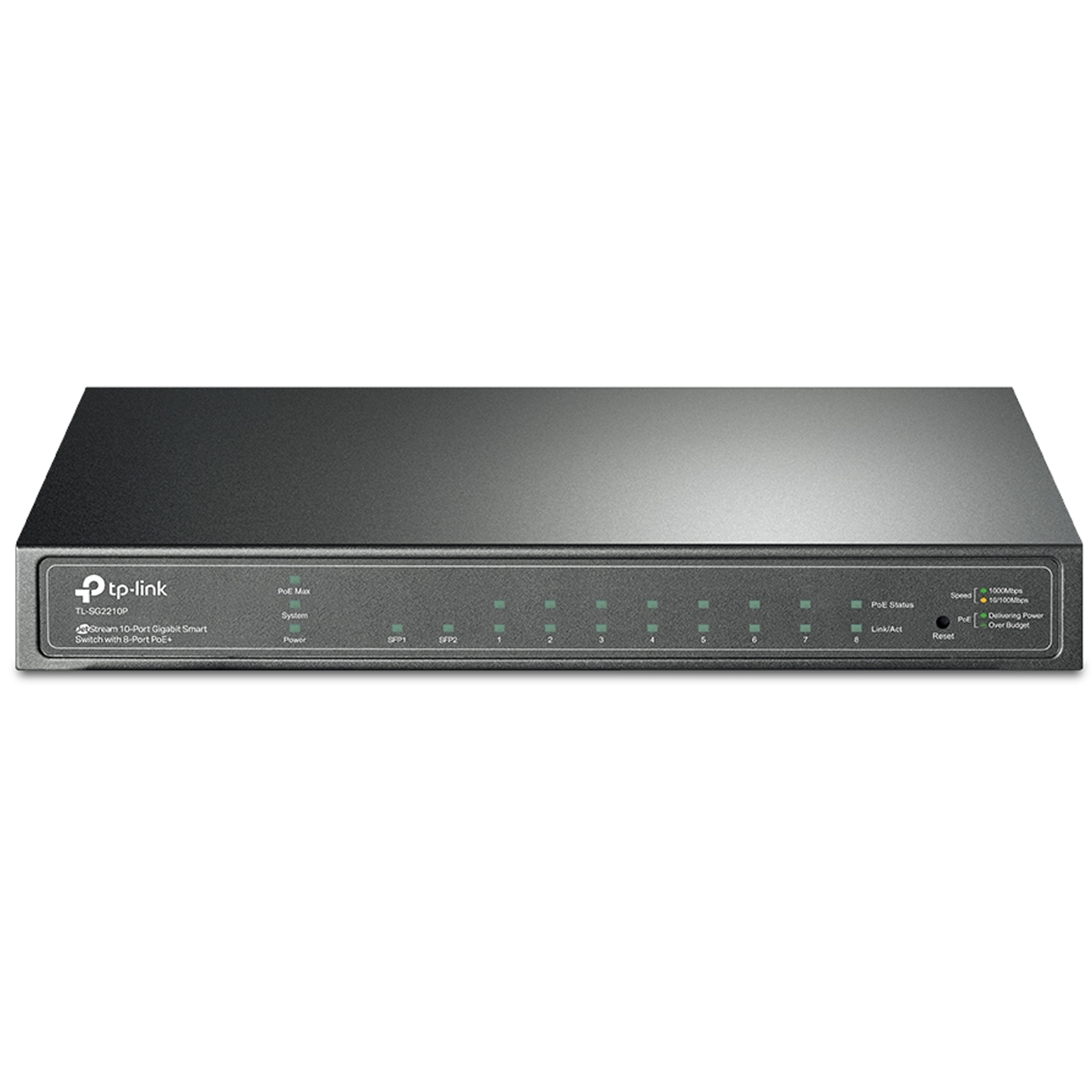 Tplink 8-Port Gigabit Desktop PoE Smart Switch, 8 Gigabit RJ45 ports including 2 SFP ports, 802.3af, 53W PoE power supply, Tag-based VLAN, STP/RSTP/MSTP, IGMP V1/V2/V3 Snooping, 802.1P QoS, Rate Limiting, Port Trunking, Port Mirroring, SNMP, RMON, steel case