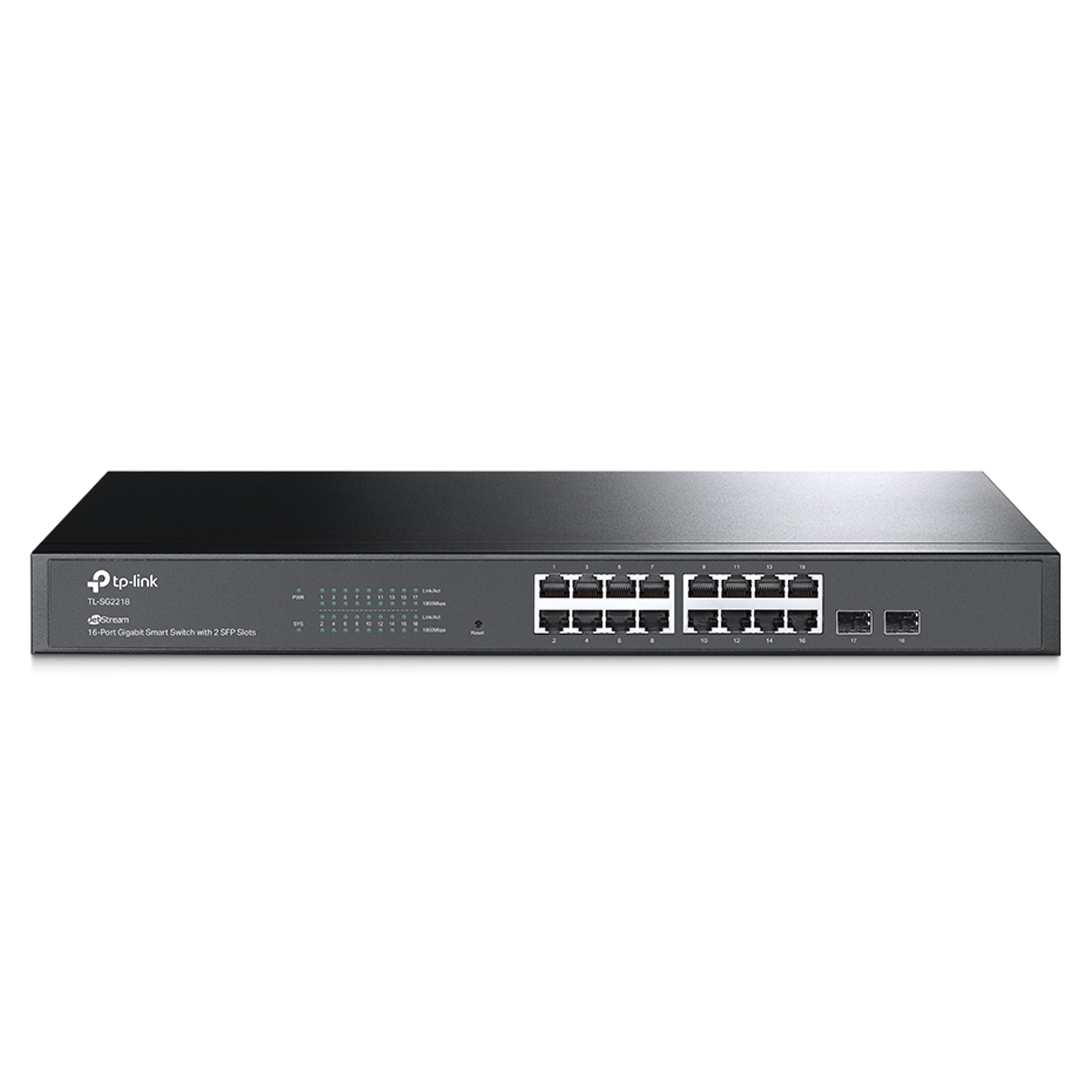 Tplink JetStream™ 16-Port Gigabit Smart Switch with 2 Gigabit SFP Slots PORT: 16× Gigabit RJ45 Ports, 2× Gigabit SFP Slots SPEC: 1U 19-inch Rack-mountable Steel Case FEATURE: Integration with Omada SDN Controller, Static Routing, 802.1Q VLAN, STP/RSTP/MSTP, IGMP Snooping, 802.1p/DSCP QoS, ACL, 802.1x, Radius/Tacacs+ Authentication, LACP, CLI, SNMP, Dual Image/Configuration, IPv6