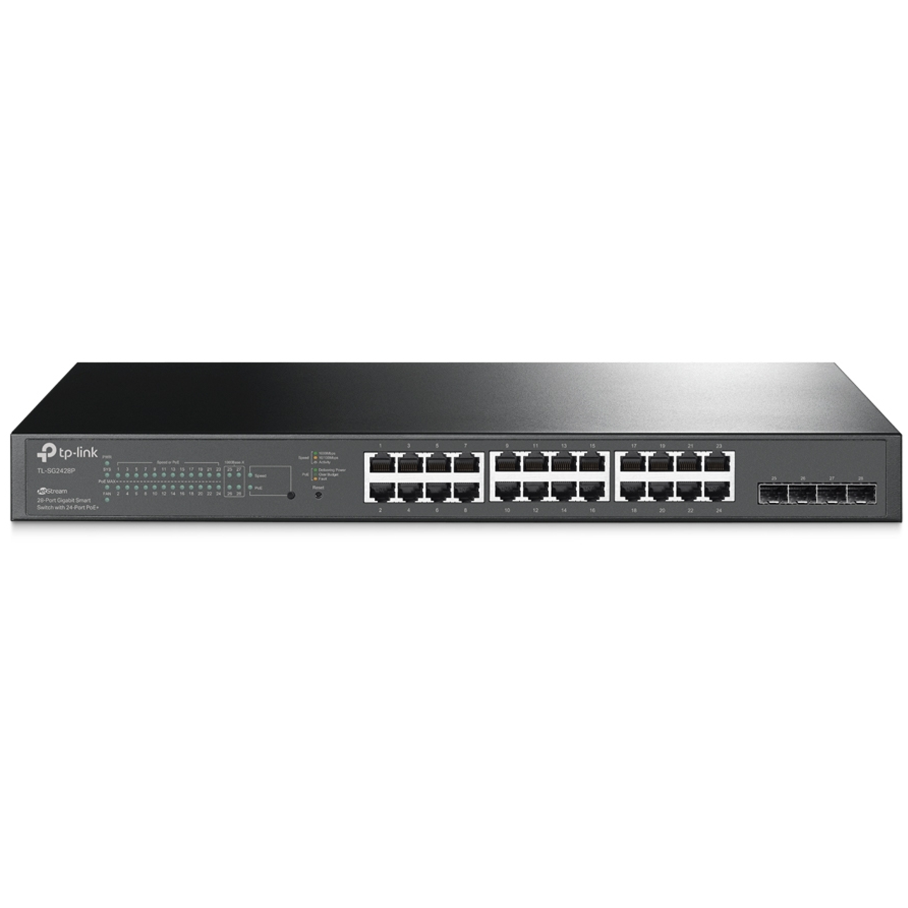 Tplink JetStream™ 28-Port Gigabit Smart Switch with 24-Port PoE+ PORT: 24× Gigabit PoE+ Ports, 4× Gigabit SFP Slots SPEC: 802.3at/af, 250 W PoE Power, 1U 19-inch Rack-mountable Steel Case FEATURE: Integration with Omada SDN Controller, Static Routing, 802.1Q VLAN, STP/RSTP/MSTP, IGMP Snooping, 802.1p/DSCP QoS, ACL, 802.1x, Radius/Tacacs+ Authentication, LACP, CLI, SNMP, Dual Image, IPv6