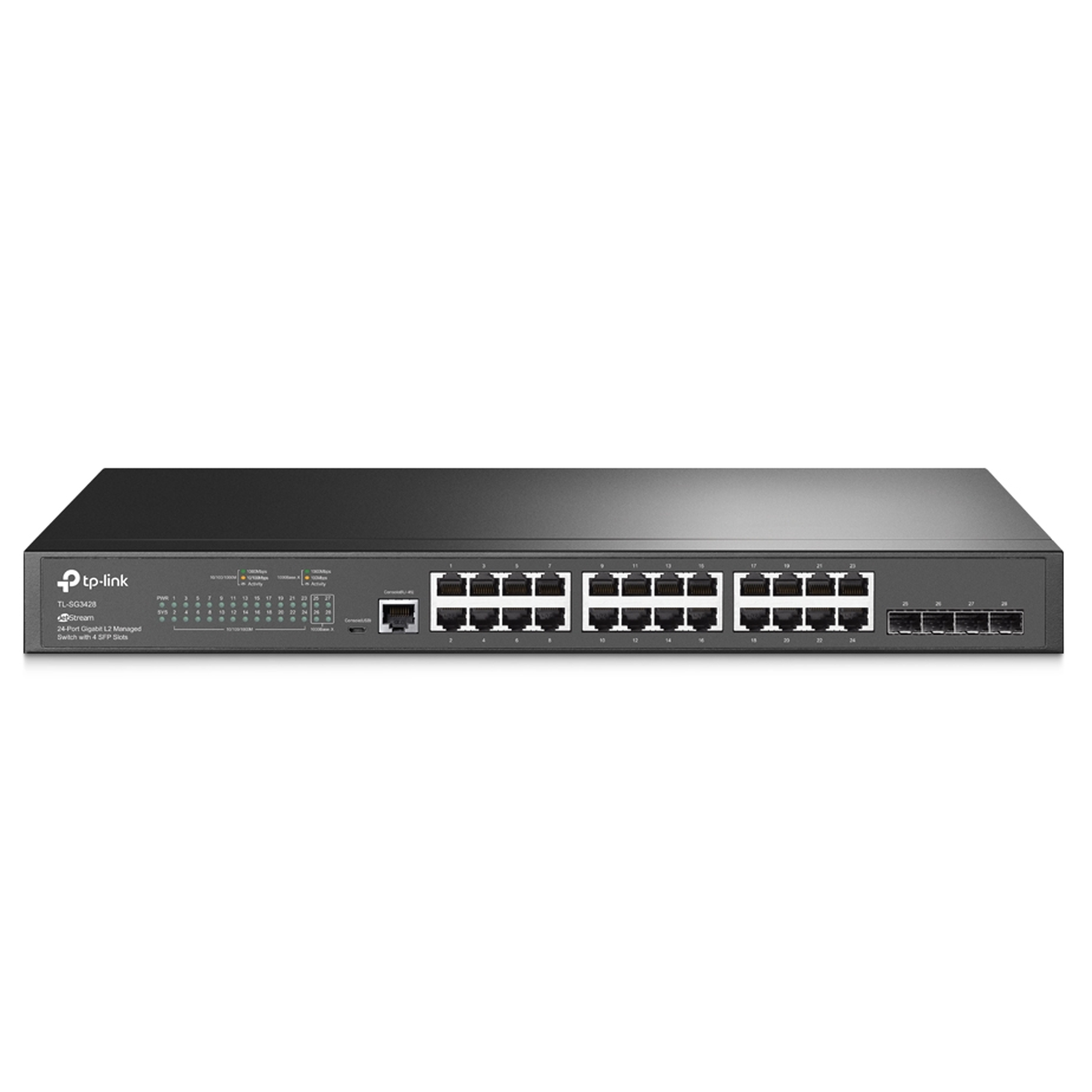 Tplink JetStream™ 24-Port Gigabit L2+ Managed Switch with 4 SFP Slots PORT: 24× Gigabit RJ45 Ports, 4× Gigabit SFP Slots, RJ45/Micro-USB Console Port SPEC: 1U 19-inch Rack-mountable Steel Case FEATURE: Integration with Omada SDN Controller, Static Routing, OAM, 802.1Q VLAN, QinQ, STP/RSTP/MSTP, IGMP Snooping, 802.1p/DSCP QoS, ACL, 802.1x, Radius/Tacacs+ Authentication, LACP, CLI, SNMP, Dual Image/Configuration, IPv6