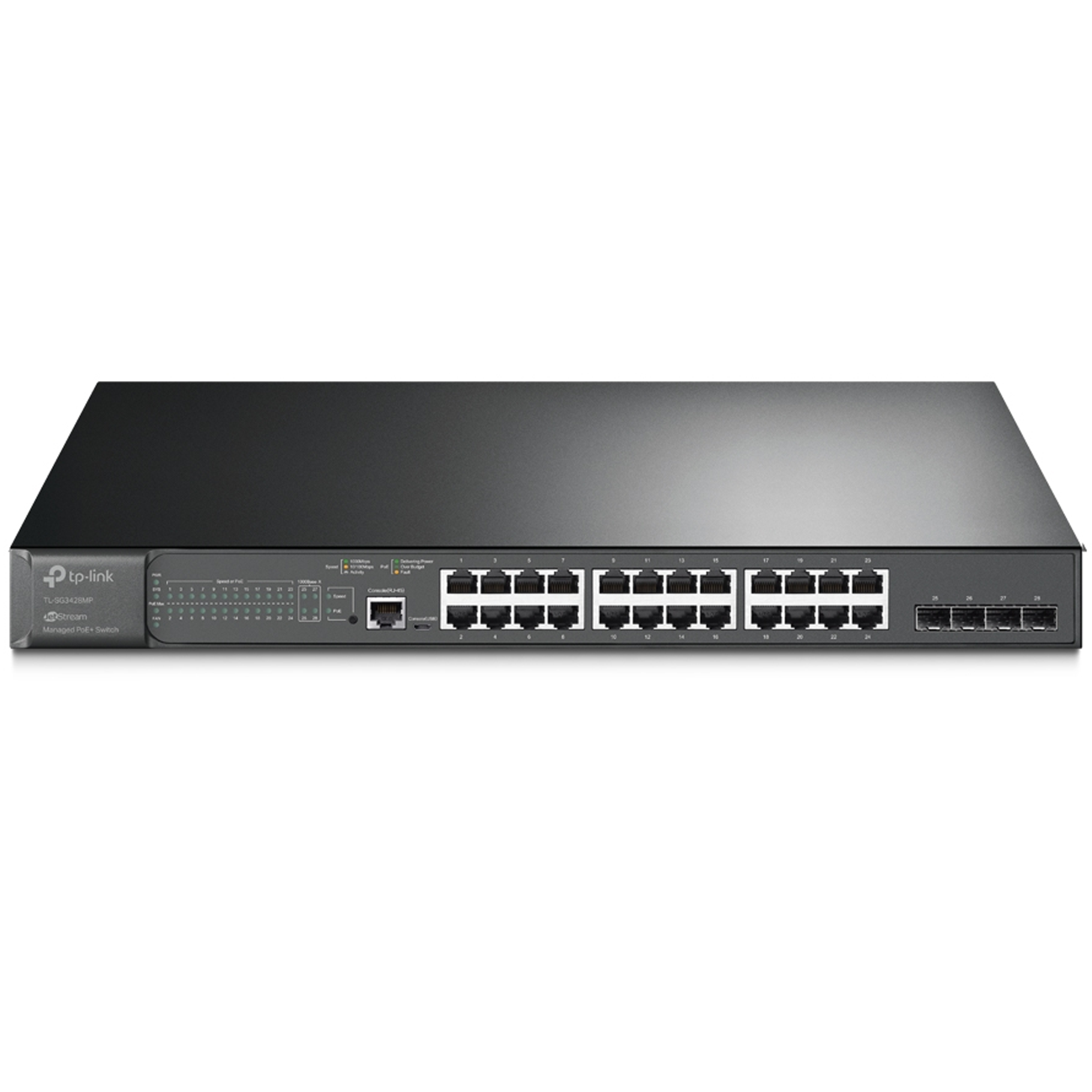 Tplink JetStream™ 28-Port Gigabit L2+ Managed Switch with 24-Port PoE+ PORT: 24× Gigabit PoE+ Ports, 4× Gigabit SFP Slots, RJ45/Micro-USB Console Port SPEC: 802.3at/af, 384 W PoE Power, 1U 19-inch Rack-mountable Steel Case FEATURE: Integration with Omada SDN Controller,Static Routing, OAM, 802.1Q VLAN, QinQ, STP/RSTP/MSTP, IGMP Snooping, 802.1p/DSCP QoS, ACL, 802.1x, Radius/Tacacs+ Authentication, LACP, CLI, SNMP, Dual Image/Configuration, IPv6