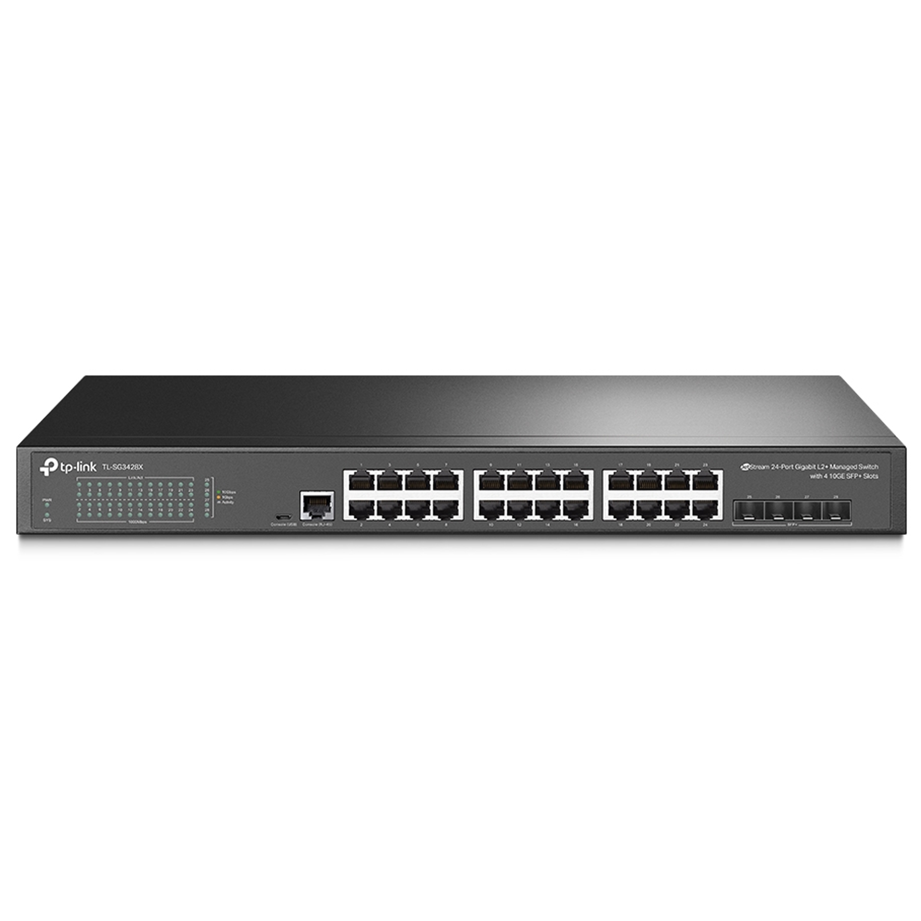 Tplink JetStream™ 24-Port Gigabit L2+ Managed Switch with 4 10GE SFP+ Slots PORT: 24× Gigabit RJ45 Ports, 4× 10G SFP+ Slots, RJ45/Micro-USB Console Port SPEC: 1U 19-inch Rack-mountable Steel Case FEATURE: Integration with Omada SDN Controller, Static Routing, OAM, sFlow, DDM, 802.1Q VLAN, QinQ, STP/RSTP/MSTP, IGMP Snooping, 802.1p/DSCP QoS, ACL, 802.1x, Radius/Tacacs+ Authentication, LACP, CLI, SNMP, Dual Image/Configuration, IPv6
