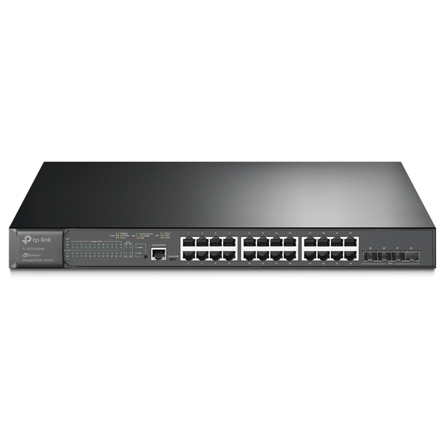 Tplink JetStream™ 24-Port Gigabit and 4-Port 10GE SFP+ L2+ Managed Switch with 24-Port PoE+ PORT: 24× Gigabit PoE+ Ports, 4× 10G SFP+ Slots, RJ45/Micro-USB Console Port SPEC: 802.3at/af, 384 W PoE Power, 1U 19-inch Rack-mountable Steel Case FEATURE: Integration with Omada SDN Controller,Static Routing, OAM, DDM, sFlow, 802.1Q VLAN, QinQ, STP/RSTP/MSTP, IGMP Snooping, 802.1p/DSCP QoS, ACL, 802.1x, Radius/Tacacs+ Authentication, LACP, CLI, SNMP, Dual Image/Configuration, IPv6