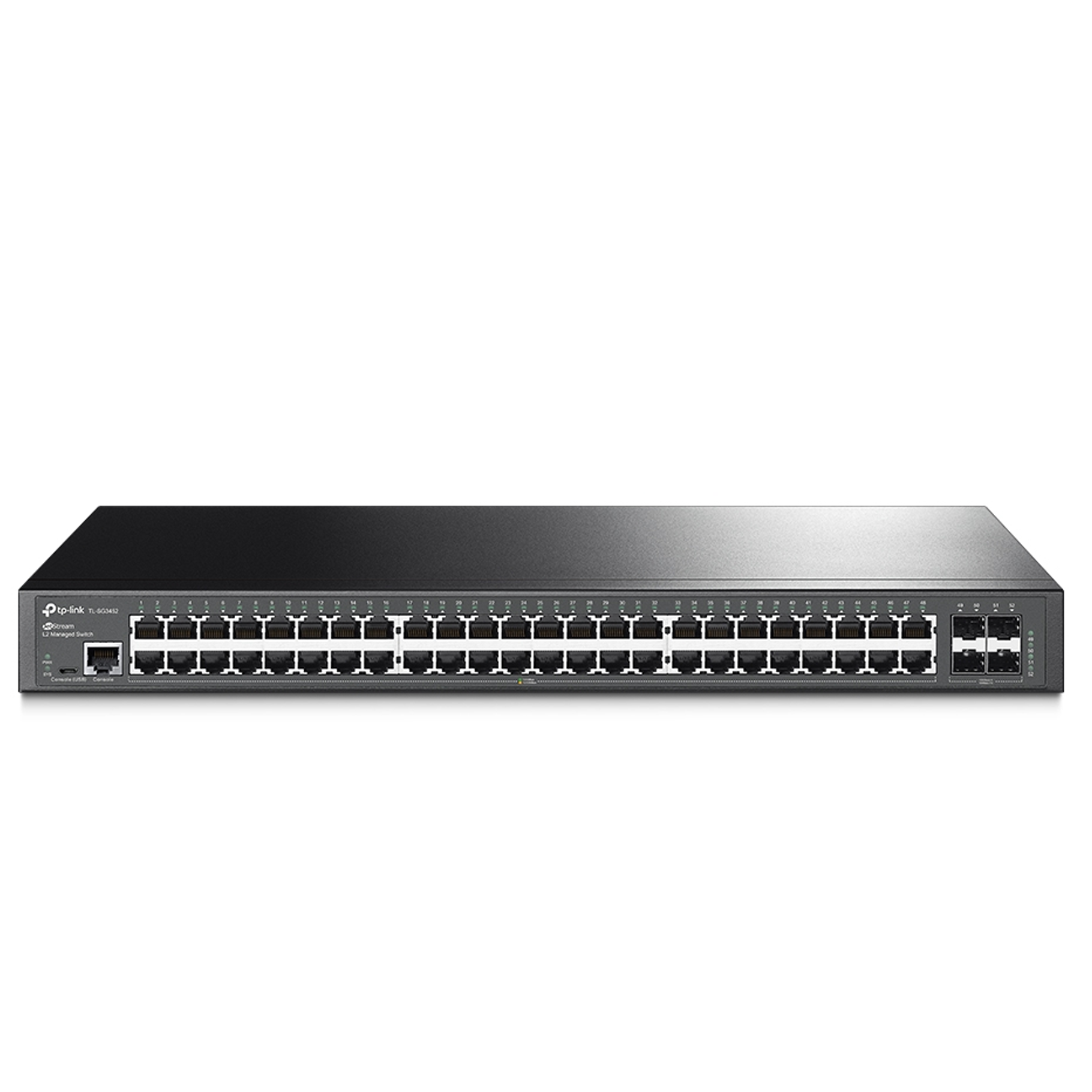 Tplink JetStream™ 48-port Pure-Gigabit L2 Managed Switch, 48 10/100/1000Mbps RJ45 ports including 4 Gigabit SFP slots, Static Routing, Port/Tag/Voice/Protocol-Based VLAN, Q-in-Q(Double VLAN), GVRP, STP/RSTP/MSTP, IGMP V1/V2/V3 Snooping, COS, DSCP, Rate Limiting, 802.1x, IEEE 802.3ad, L2/3/4 ACL, IP Clustering, Port Mirroring, IP Source Guard, SSL, SSH, CLI, SNMP, RMON, 1U 19-inch rack-mountable steel case