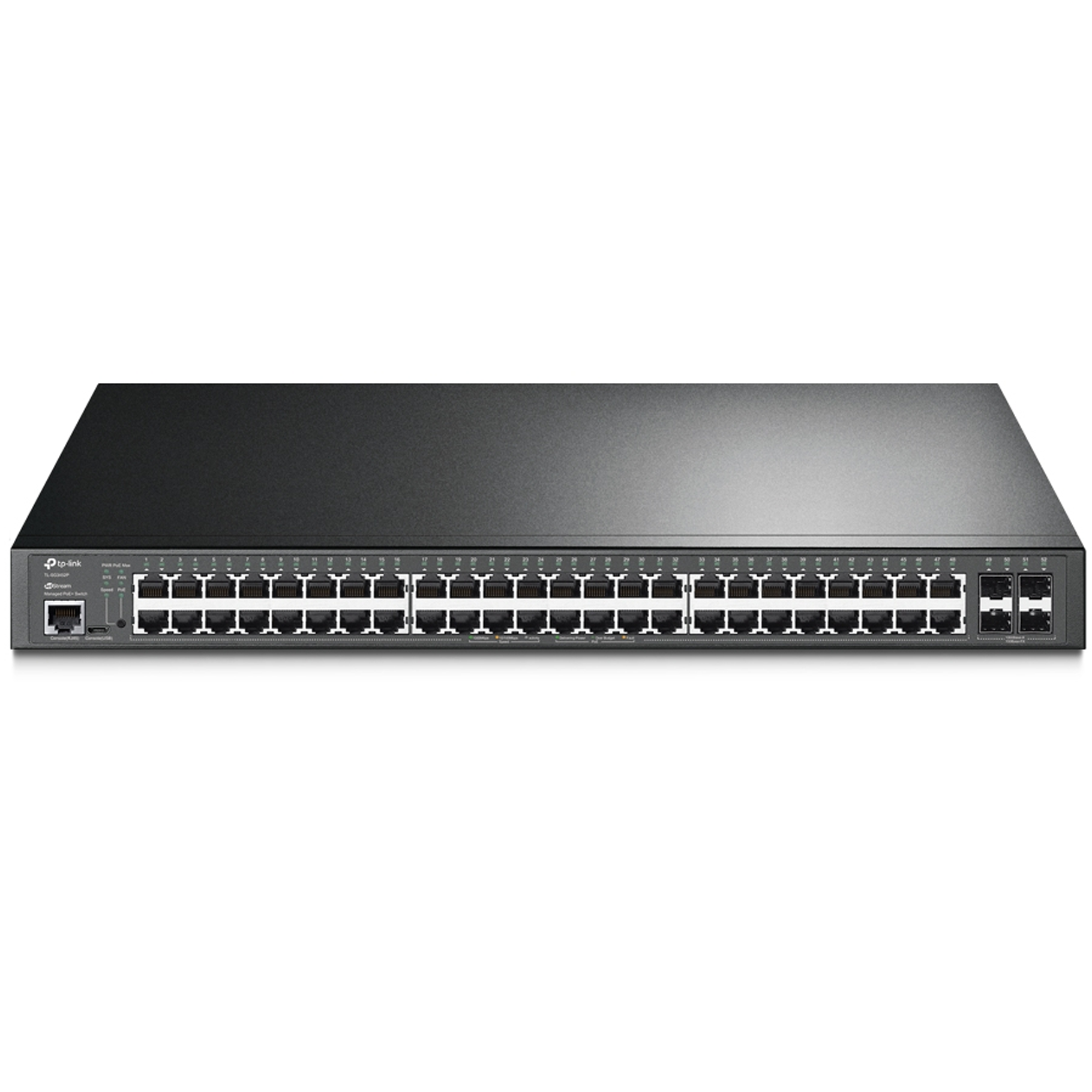 Tplink JetStream™ 52-Port Gigabit L2+ Managed Switch with 48-Port PoE+ PORT: 48× Gigabit PoE+ Ports, 4× Gigabit SFP Slots, RJ45/Micro-USB Console Port SPEC: 802.3at/af, 384 W PoE Power, 1U 19-inch Rack-mountable Steel Case FEATURE: Integration with Omada SDN Controller,Static Routing, 802.1Q VLAN, QinQ, STP/RSTP/MSTP, IGMP Snooping, 802.1p/DSCP QoS, ACL, 802.1x, Radius/Tacacs+ Authentication, LACP, CLI, SNMP, Dual Image/Configuration, IPv6