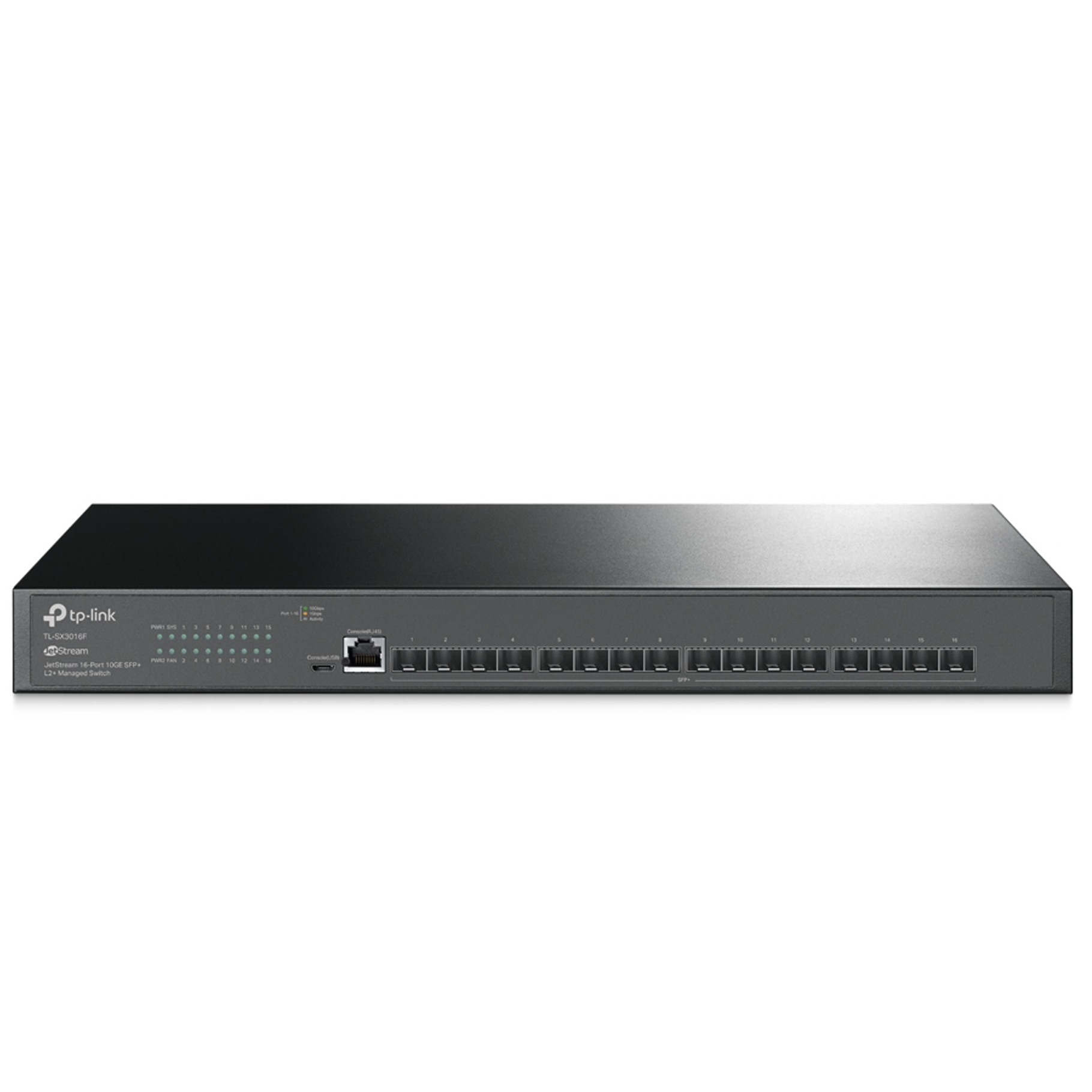 Tplink JetStream™ 16-Port 10GE SFP+ L2+ Managed Switch PORT: 8× 10G SFP+ Slots, RJ45/Micro-USB Console Port SPEC: 1U 19-inch Rack-mountable Steel Case FEATURE: Integration with Omada SDN Controller, Static Routing, OAM, sFlow, DDM, 802.1Q VLAN, QinQ, STP/RSTP/MSTP, IGMP Snooping, 802.1p/DSCP, QoS, ACL, 802.1x, Radius/Tacacs+ Authentication, LACP, CLI, SNMP, Dual Image/Configuration, IPv6