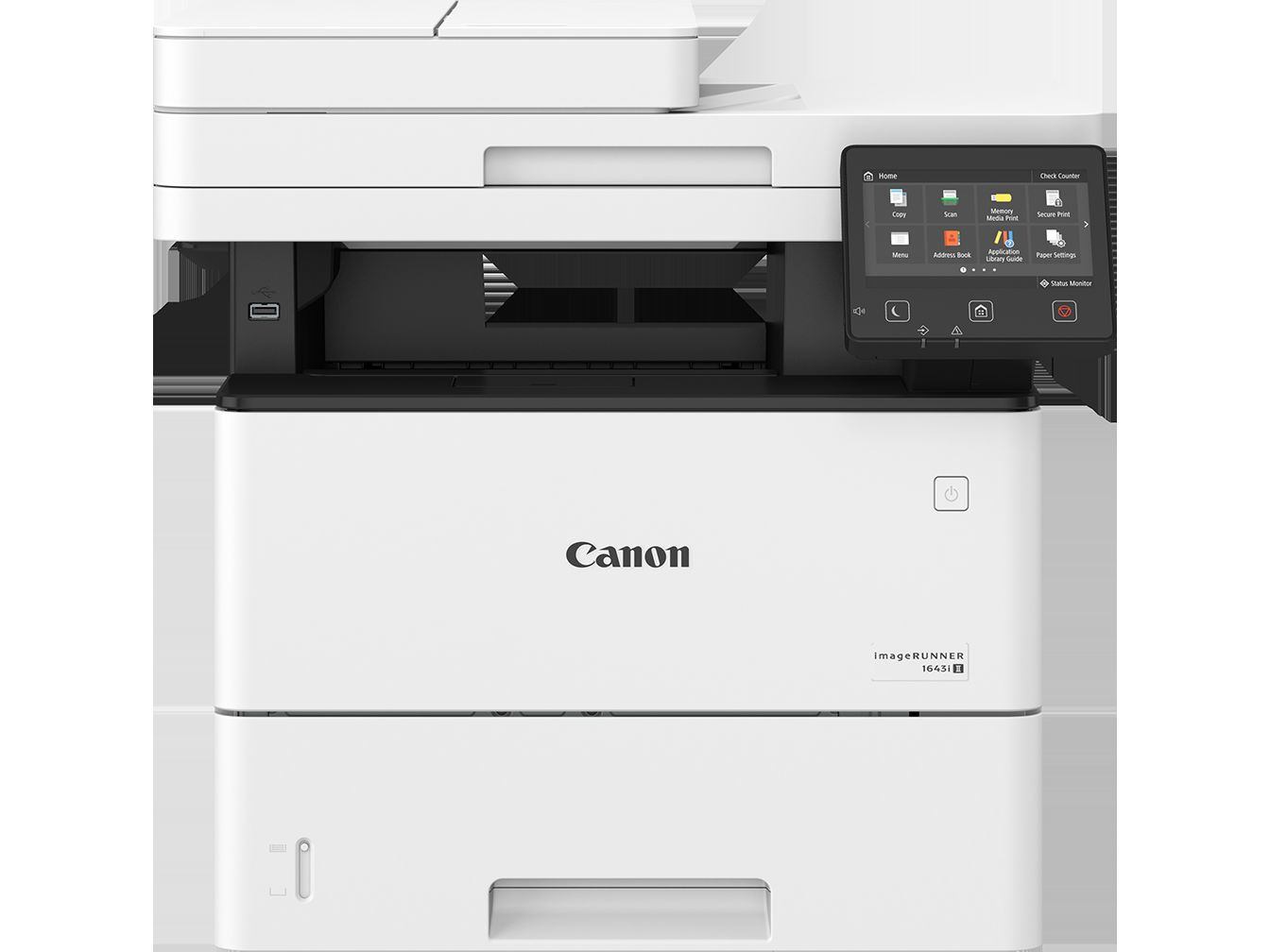 Canon Laser imageRUNNER 1643i II MFP 3en1
 -	Connectivité:USB2.0(Host)x2,USB2.0(Device)x1,1000Base-T/100Base-TX/10-Base-T,
-	Wifi: Wireless LAN(IEEE802.11b/g/n),Direct Connection
-	Format: jusqu’à A4
-	Recto-verso:automatique
-	Résolution:1200x1200dpi
-	DADF: 50 feuilles
-	Processeur:Cortex-A9MP Core 800MHz×2
-	Mémoire:1.0GB RAM
-	Stockage:2GB(eMMC)
-	Ecran:12.7cm(5inch)TFTLCDWVGA Colour Touch panel
-	Capacité de papier:650feuilles Max2300
-	Vitesse:43ppm en A4
Livrée sans toner Black