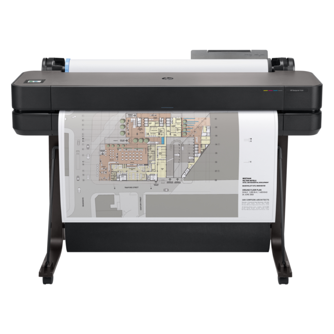 HP DesignJet T630 36-in Printer - Remplace le DJ T525 36-in - 5ZY61A - 76A1/h, 30s/A1 ; 2400x1200 ppm ; 4 encres ; largeur 0,02mm ; 60 à 280g/m2 ; épaisseur 0,3mm ; Mémoire 1 Go ; Gigabit Ethernet ; wifi