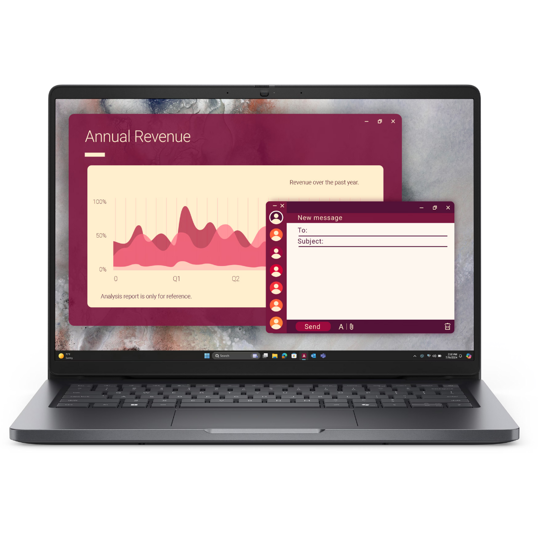 Dell Pro 14 (PC14250);  Intel(R) Core(TM) 5 120U (10 cores, up to 5.0 GHz) ; 8 GB: 1 x 8 GB, DDR5, 5600 MT/s; 512 GB SSD; 14, Non-Touch, FHD+, 300 nit, 45% NTSC, Anti-Glare, FHD+IR Cam ; Intel® Wi-Fi 6E (6 where 6E unavailable) AX211, 2x2, 802.11ax, Bluetooth® 5.3 wireless card; 3-cell, 45 Wh; Windows 11 Pro; 3YProSupport and Next Business Day Onsite Service