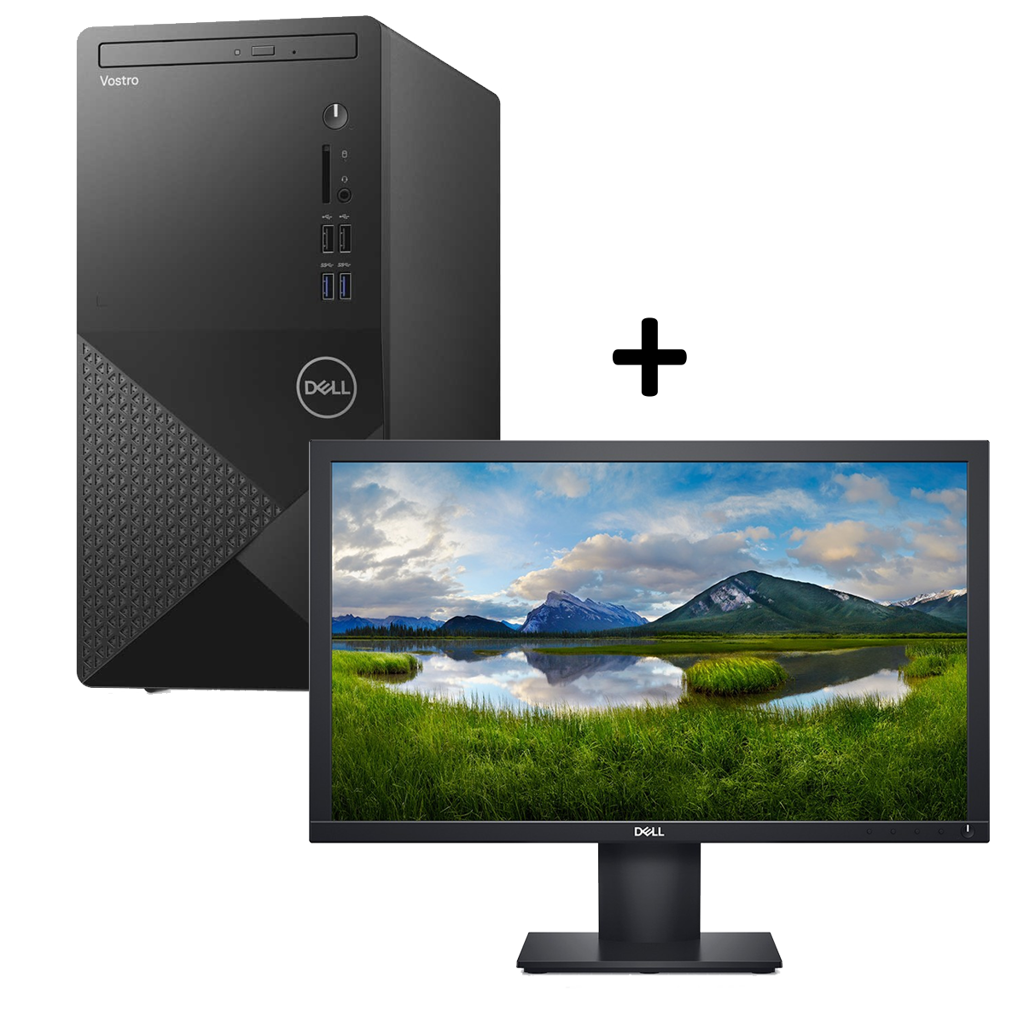 Dell Vostro Desktop 3888 10th Gen Intel(R)Core(TM) i5-10400 processor(6-Core, 12M Cache, 2.9GHz to 4.3GHz) 4GB, 4Gx1, DDR4, 2666MHz 1TB 7200RPM 3.5" SATA HDD Tray load DVD Drive (Reads and Writes to DVD/CD)  Ubuntu Linux 18.04 802.11ac 1x1 WiFi and Bluetooth 1Y ProSupport and Next Business Day Onsite Service + E2220H-3Y Dell 22 Monitor-E2220H-54.6cm (21.5") Black - 3Yr - VGA & DisplayPort