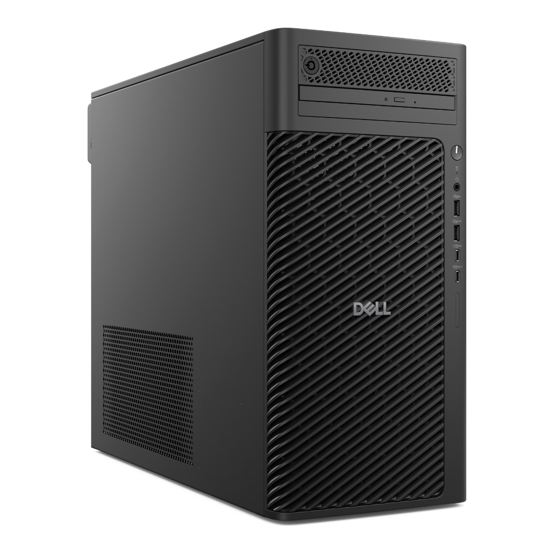 Dell Pro Max T2; Intel Core Ultra 7 265 (30 MB cache, 20 cores, 20 threads, 1.8 GHz to 5.3 GHz, 65W); 32GB: 2 x 16 GB, DDR5, 5600 MT/s, non-ECC; 1TB SSD TLC with DRAM M.2 2280 PCIe Gen4 SED Ready; NVIDIA(R) RTX(TM) A1000, 8 GB GDDR6, 4 mDP to DP adapters; Windows 11 Pro; 3 ans ProSupport and Next Business Day Onsite Service